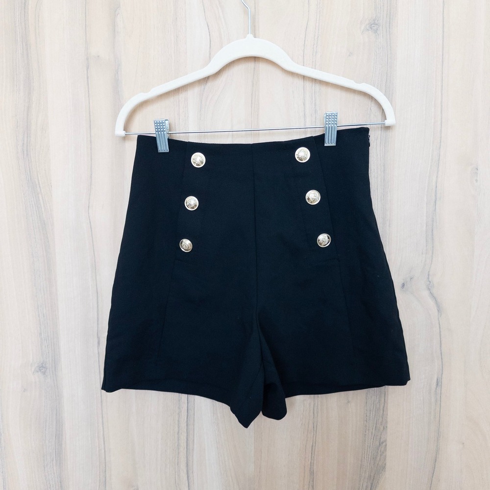 Zara Women Sailor Shorts S Black High Waist Gold Button Preppy Military Parisian